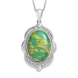 Mojave Green Turquoise Feather Pendant Necklace in Stainless Steel 20"